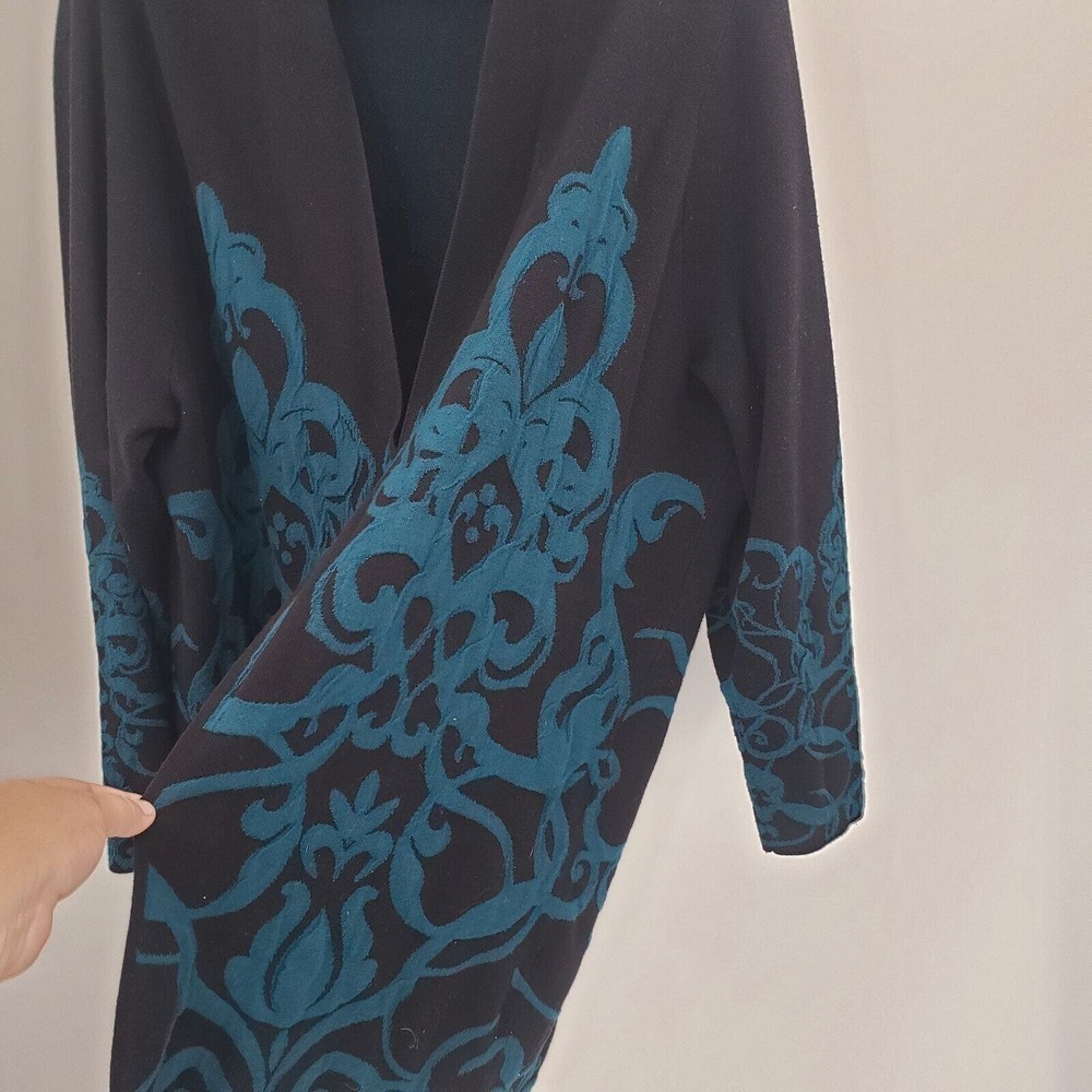 Chico's Scroll Print Sweater Cardigan Womens XL 3 Black Teal Blue Longline Tunic - Picture 3 of 12